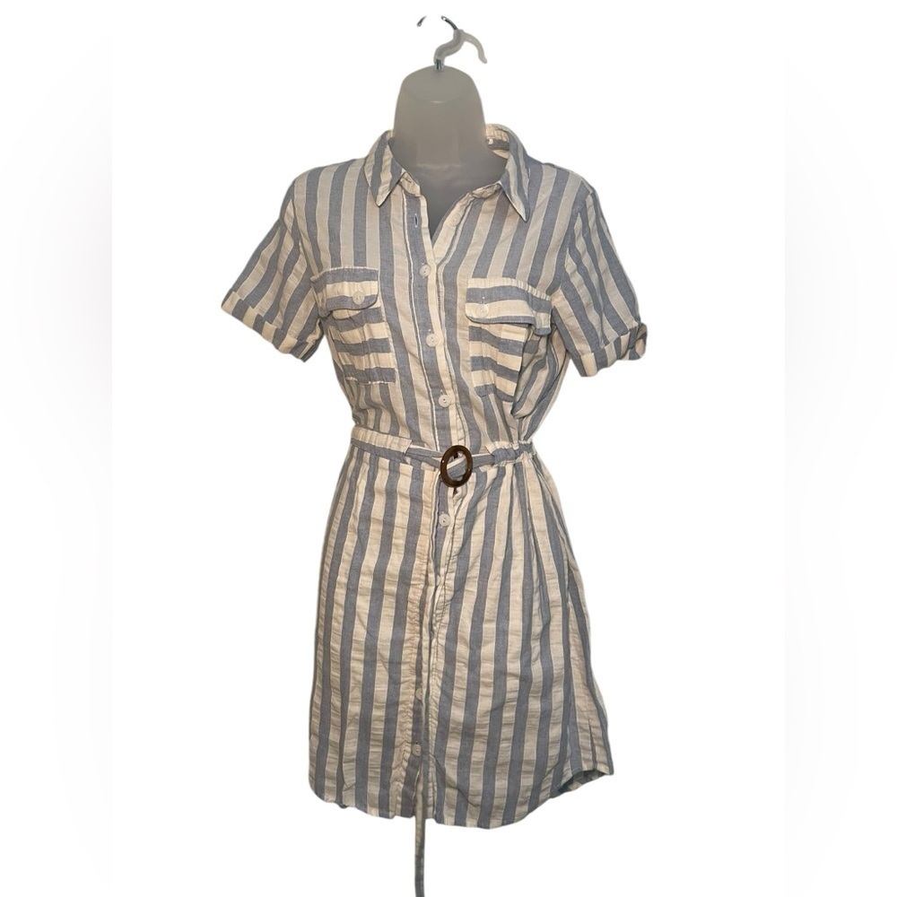 Heartloom Blue White Striped Shirt Dress Medium Belted 100% Cotton - Picture 2 of 6